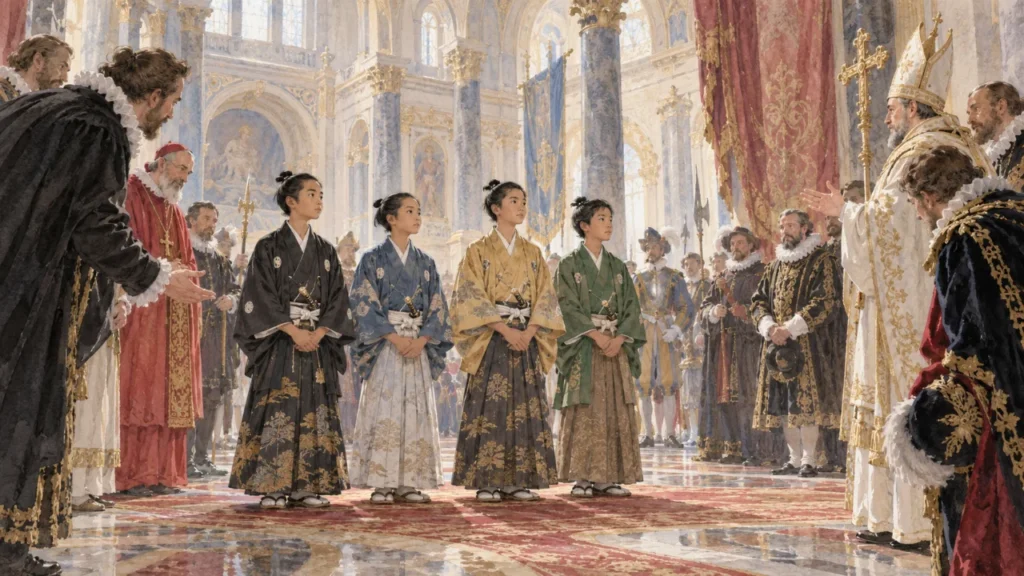 ヨーロッパの宮殿の広間で迎えられる着物姿の日本人の少年四人のイメージ(イラスト)