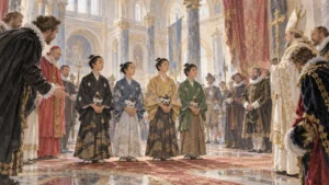 ヨーロッパの宮殿の広間で迎えられる着物姿の日本人の少年四人のイメージ（イラスト）