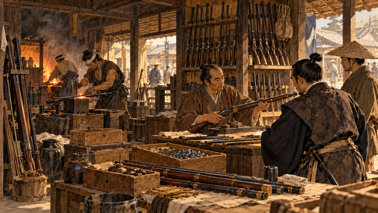 堺の鉄砲鍛冶の店先で、武士が商人から火縄銃を買い求めるようす（イラスト）