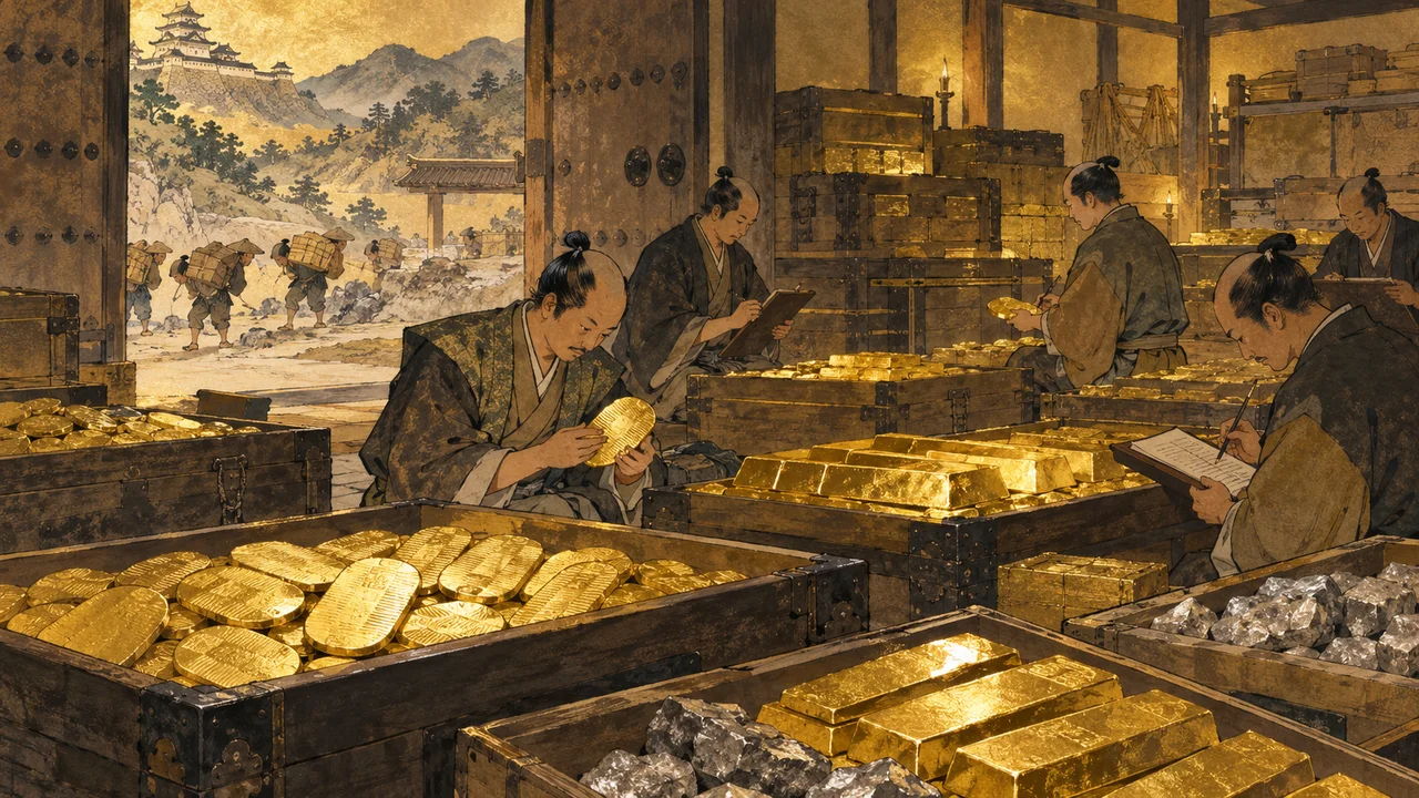 城の金蔵で、箱に詰めた金の大判や延べ板、銀の塊を役人たちが数えるイメージイラスト