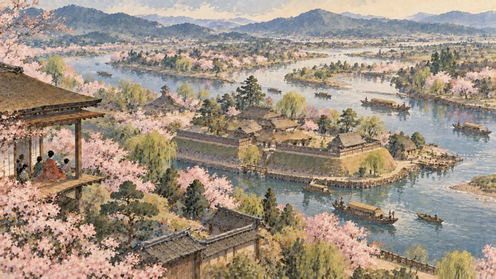 三つの川が合流する水辺の淀古城のイメージイラスト