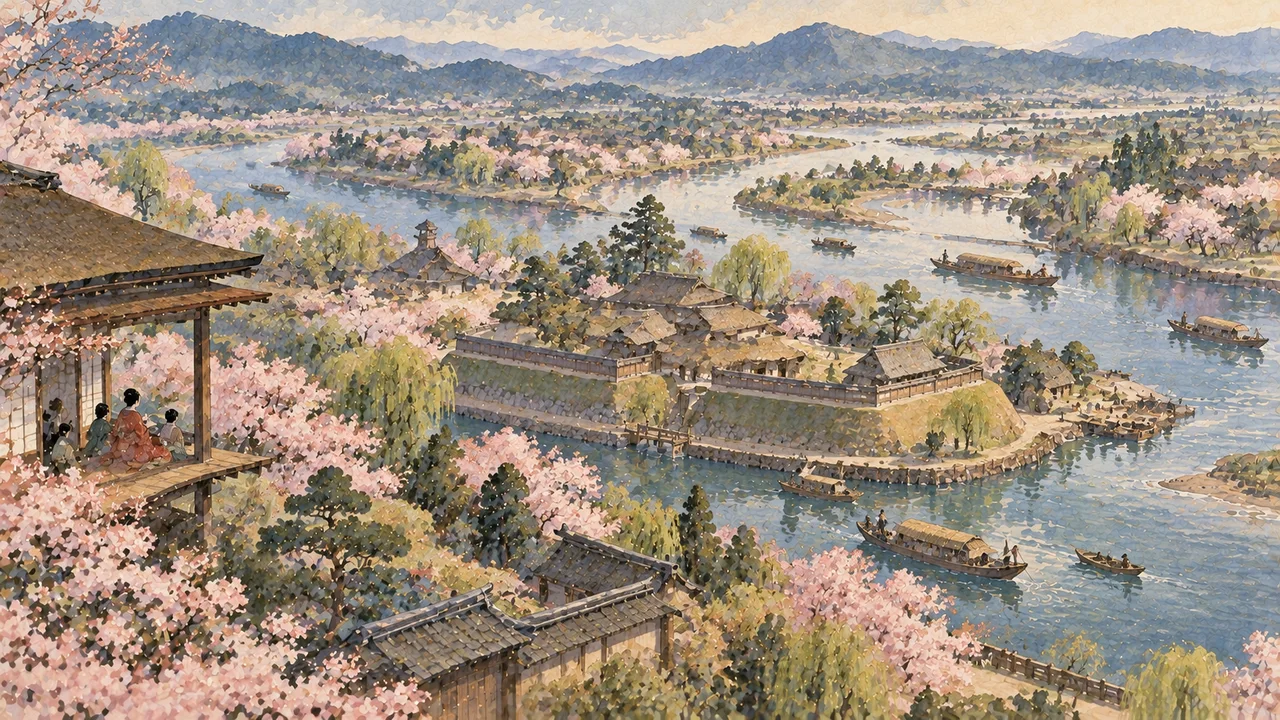 三つの川が合流する水辺の淀古城のイメージイラスト