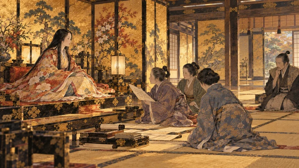 金地の襖の広間で、上座の女性に侍女たちが書状を広げて意見を述べ、下座で家臣が困惑するイメージ（イラスト）