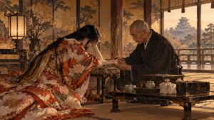 御殿の一室で脇息にもたれる打掛姿の女性と、脈をとる剃髪の医師のイメージ