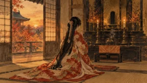 寺の本堂で父の位牌に手を合わせる打掛姿の姫（イメージイラスト）