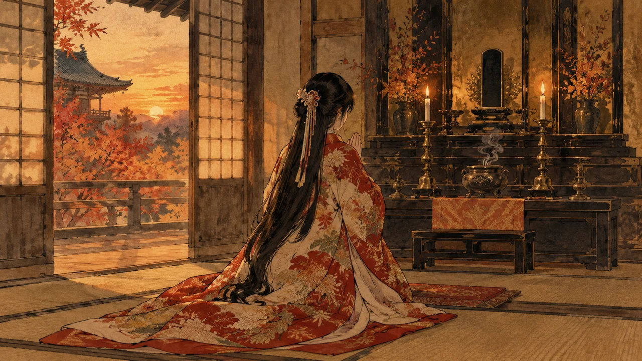 寺の本堂で父の位牌に手を合わせる打掛姿の姫（イメージイラスト）